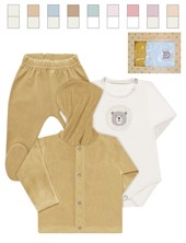 Set 3 piezas en caja, body con aplique estampado/bordado, campera con capucha y ranita en plush liso. Nena y varo. Dreams