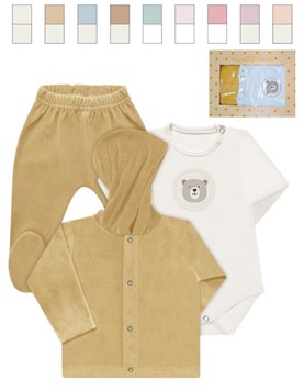 Set 3 piezas en caja, body con aplique estampado/bordado, campera con capucha y ranita en plush liso. Nena y varo. Dreams