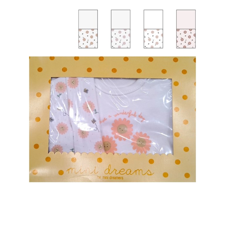 set 3 piezas en caja, body estampado central, con ranita y gorro en interlock estampado flores. Nena. Dreams