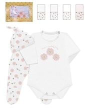set 3 piezas en caja, body estampado central, con ranita y gorro en interlock estampado flores. Nena. Dreams