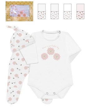 set 3 piezas en caja, body estampado central, con ranita y gorro en interlock estampado flores. Nena. Dreams
