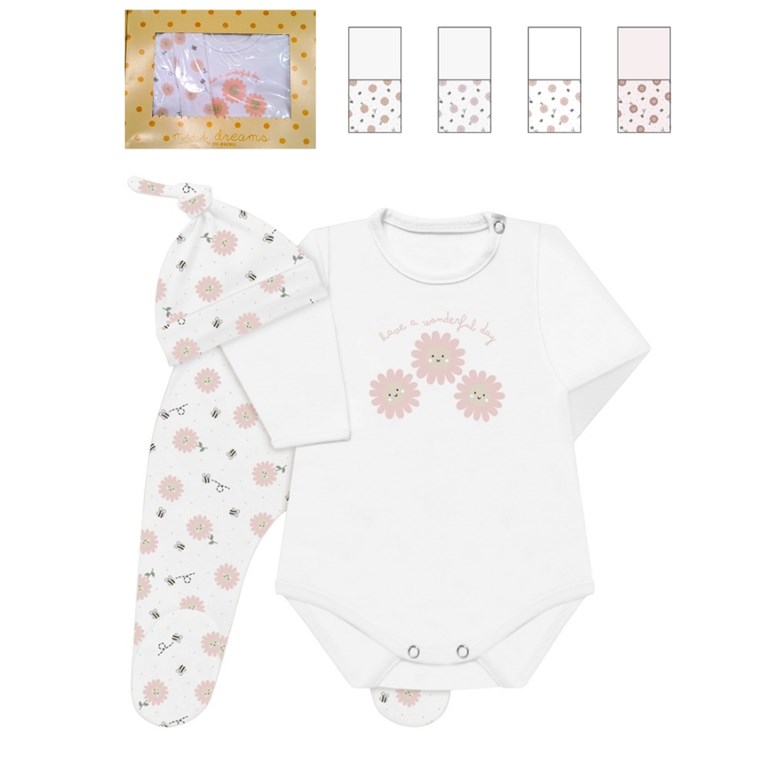 set 3 piezas en caja, body estampado central, con ranita y gorro en interlock estampado flores. Nena. Dreams