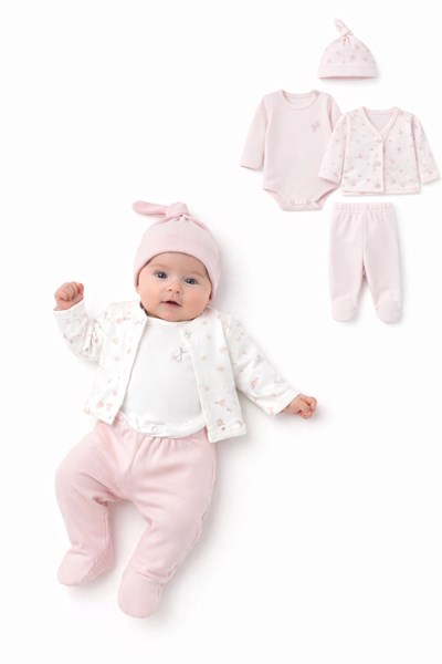 Set 4 piezas, body estampado, campera cuello mao plush estampado, c/ranita ygorro de plush liso, nena y varón. Dreams