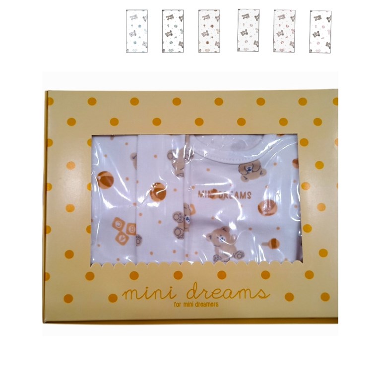 SET 3 piezas en caja, interlock estampado ositos, body estampado central, con ranita y gorro. Nene y nena. DREAMS