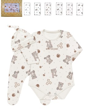 SET 3 piezas en caja, interlock estampado ositos, body estampado central, con ranita y gorro. Nene y nena. DREAMS