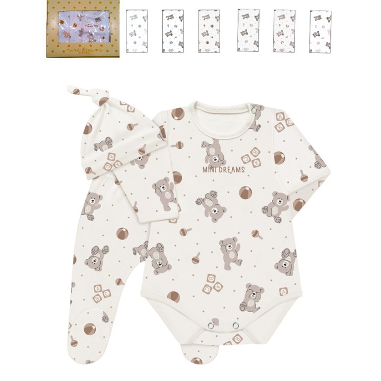 SET 3 piezas en caja, interlock estampado ositos, body estampado central, con ranita y gorro. Nene y nena. DREAMS