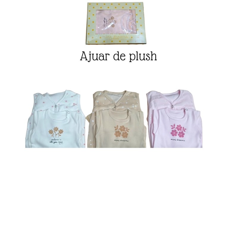 Set 4 piezas, body estampado con chaleco plush floreado, ranita y gorro en plush liso. Dreams