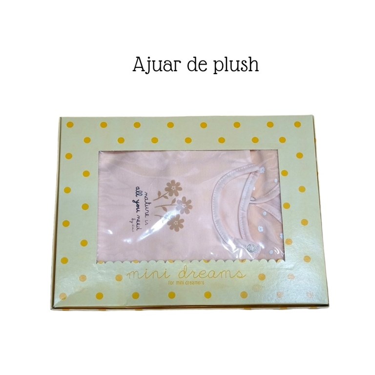 Set 4 piezas, body estampado con chaleco plush floreado, ranita y gorro en plush liso. Dreams