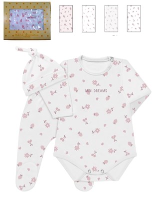 Set 3 piezas en caja, interlock estampado frutillas, body estampado central, ranita y gorro, nena.  Dreams