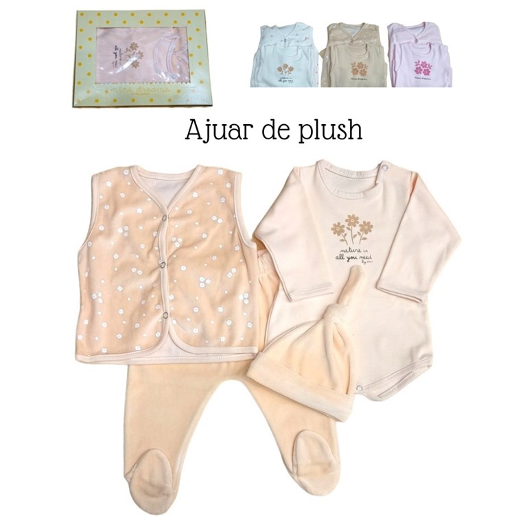 Set 4 piezas, body estampado con chaleco plush floreado, ranita y gorro en plush liso. Dreams