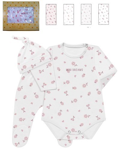 Set 3 piezas en caja, interlock estampado frutillas, body estampado central, ranita y gorro, nena.  Dreams