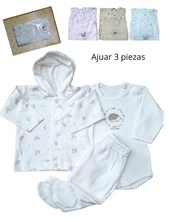 Set 3 piezas, body estampado central, campera c/capucha interlock estamp.animalitos, ranita en interlock liso, nena y varón. Dreams