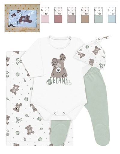 Set 4 piezas en caja, body estampado central, con ranita combinada con manta y gorro interlock estampado ositos. Nena y nene. Dreams