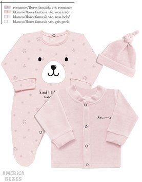 SET 3 PIEZAS COMBINADO ENTERITO LARGO ALGODON FLOREADO CAMPERA CUELLO MAO Y GORRO PLUSH DREAMS