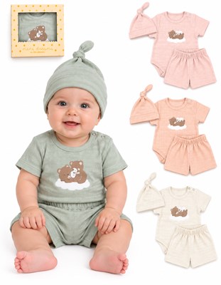 SET cloque 3 PIEZAS, BODY ESTAMPADO CENTRAL, CON PANTALON  Y GORRO. DREAMS