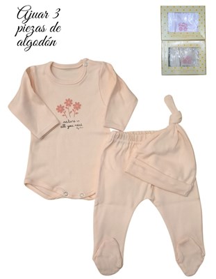 Set 2 piezas, body con falda y moño artesanal, en jacquard estampado, con gorro. Dreams