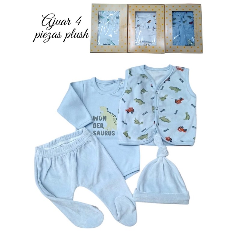 Set 4 piezas, body estampado con ranita, gorro y chaleco en plush, estampado varón. Dreams
