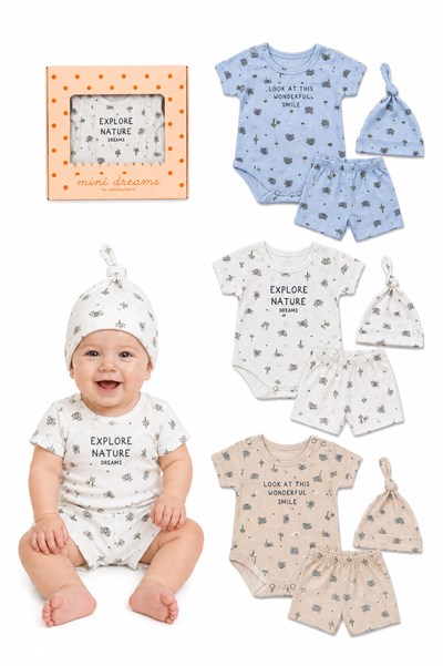SET CAJA 3 PZS ESTAMPADO : BODY, PANTALON Y GORRO VARON. DREAMS