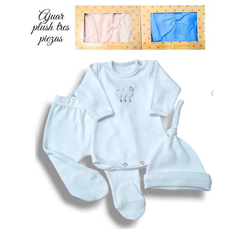 Set 3 piezas, interlock desagujado, body bordado, con ranita y gorro, nena y varón. Dreams