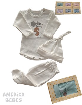SET AJUAR 3 PIEZAS BODY CON ESTAMPADO CENTRAL RANITA Y GORRO UNISEX DREAMS