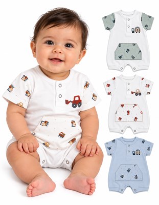 Enterito bebé combinado mangas y bolsillo en jersey estampado, bordado, varón. Dreams