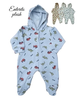 ENTERITOS BEBE PLUSH ESTAMPADO DINOS CON CAPUCHA Y CON PIÉ. DREAMS