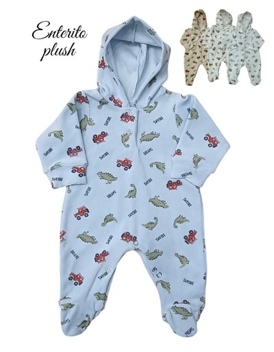 ENTERITOS BEBE PLUSH ESTAMPADO DINOS CON CAPUCHA Y CON PIÉ. DREAMS
