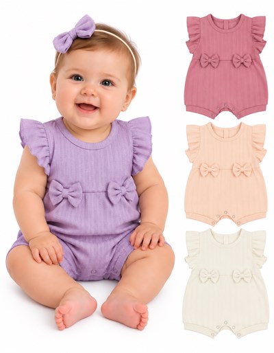 Enterito bebé en jacquard liso, con mangas japonesas y moño artesanal. Dreams