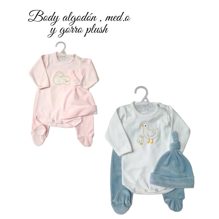 Conjunto BB, body bordado, con gorro y ranita en plush liso, unisex. Dreams