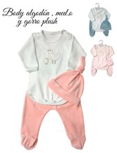 Conjunto BB, body bordado, con gorro y ranita en plush liso, unisex. Dreams