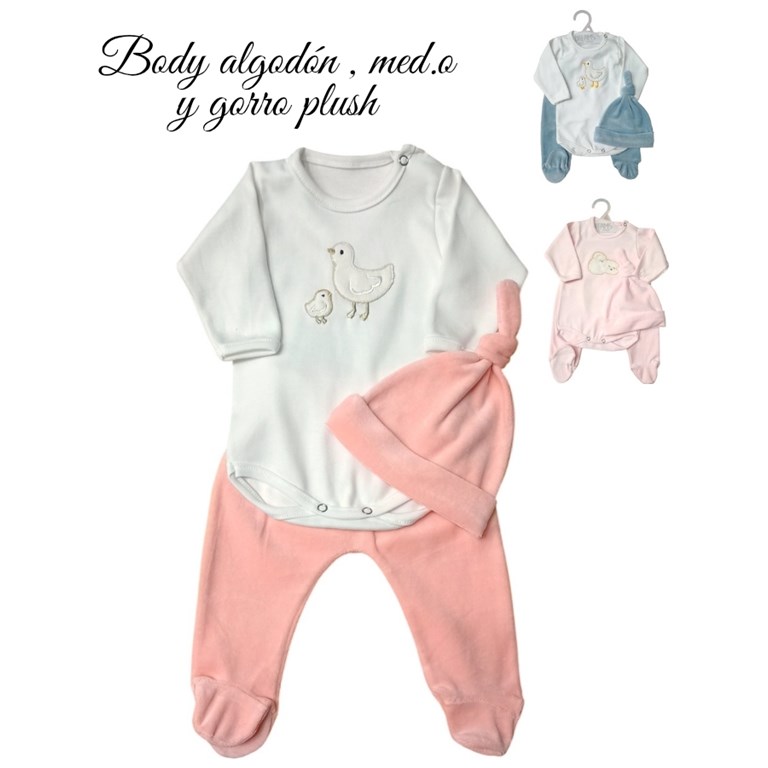 Conjunto BB, body bordado, con gorro y ranita en plush liso, unisex. Dreams