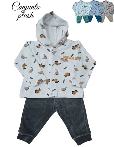 Conjunto BB campera plush estampado dinos, capucha, pantalón liso, bordado, varón. Dreams