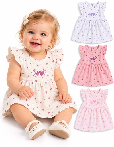 Vestido bebé en jacquard estampado, con mangas japonesas, canesú bordado. Dreams