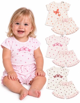 Conjunto beba en jersey estampado mariposas, pantalón con volados y moño, bordado. Dreams