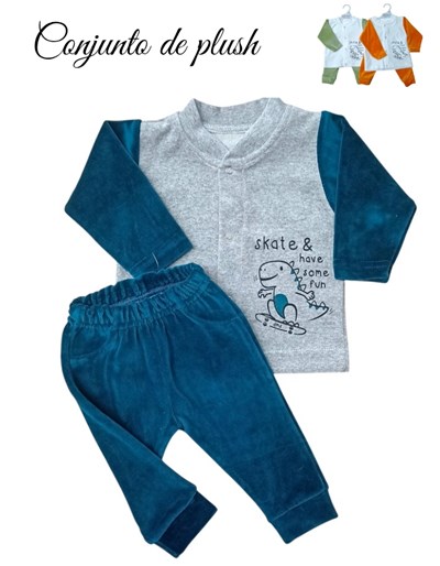 Conjunto Bebé plush campera cuello 'Mao', mangas y pantalón comb., estampado, varón. Dreams
