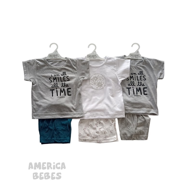 Conjunto bebé remera en jersey estamp. rayado ancho, estampado central, c/pantalón rústico. Dreams