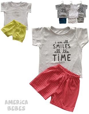 Conjunto bebé remera en jersey estamp. rayado ancho, estampado central, c/pantalón rústico. Dreams