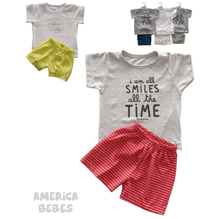 Conjunto bebé remera en jersey estamp. rayado ancho, estampado central, c/pantalón rústico. Dreams