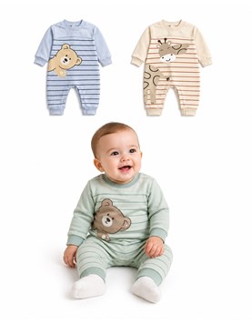 Enterito BB frisa, estampa central, combinado con rayado, sin pie, varón. Dreams