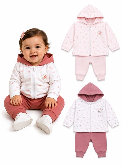 Conjunto BB frisa, campera con capucha, estampada flores, bordada, pantalón combinado, nena. Dreams
