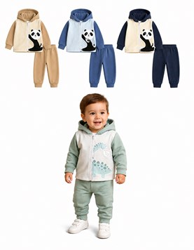 Conjunto BB frisa, campera con capucha, manga y pantalón combinados, estampado, varón. Dreams