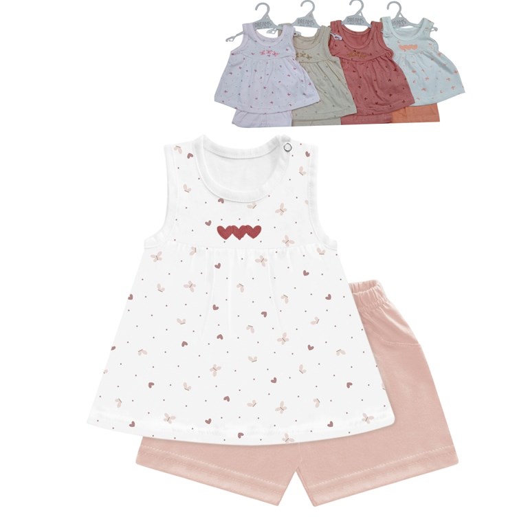 Conjunto bebe remera sin mangas jersey estampado mariposas canesu bordado con pollera pantalon combinado.Dreams