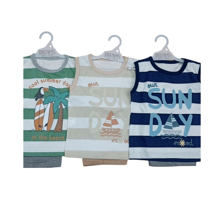 Conjunto bebe remera sin mangas en jersey estampado rayado con pantalon rustico.Dreams