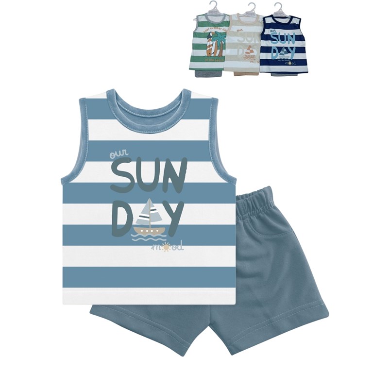 Conjunto bebe remera sin mangas en jersey estampado rayado con pantalon rustico.Dreams