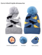 GORRO INFANTL TEJIDO CON CORDERITO INTERNO. POMPON Y ESTAMPA DINO