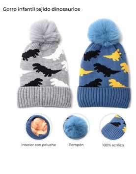 GORRO INFANTL TEJIDO CON CORDERITO INTERNO. POMPON Y ESTAMPA DINO