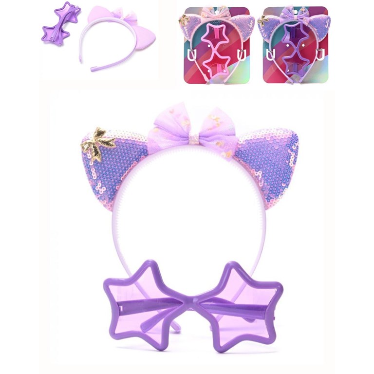 SET VINCHA INFANTIL CON MOÑO Y OREJITAS CON LENTEJUELAS + LENTES FORMA DE ESTRELLAS