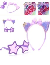 SET VINCHA INFANTIL CON MOÑO Y OREJITAS CON LENTEJUELAS + LENTES FORMA DE ESTRELLAS