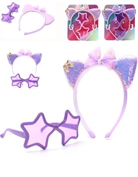 SET VINCHA INFANTIL CON MOÑO Y OREJITAS CON LENTEJUELAS + LENTES FORMA DE ESTRELLAS