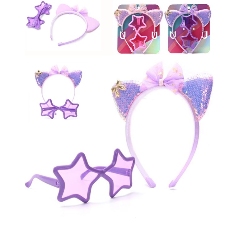 SET VINCHA INFANTIL CON MOÑO Y OREJITAS CON LENTEJUELAS + LENTES FORMA DE ESTRELLAS